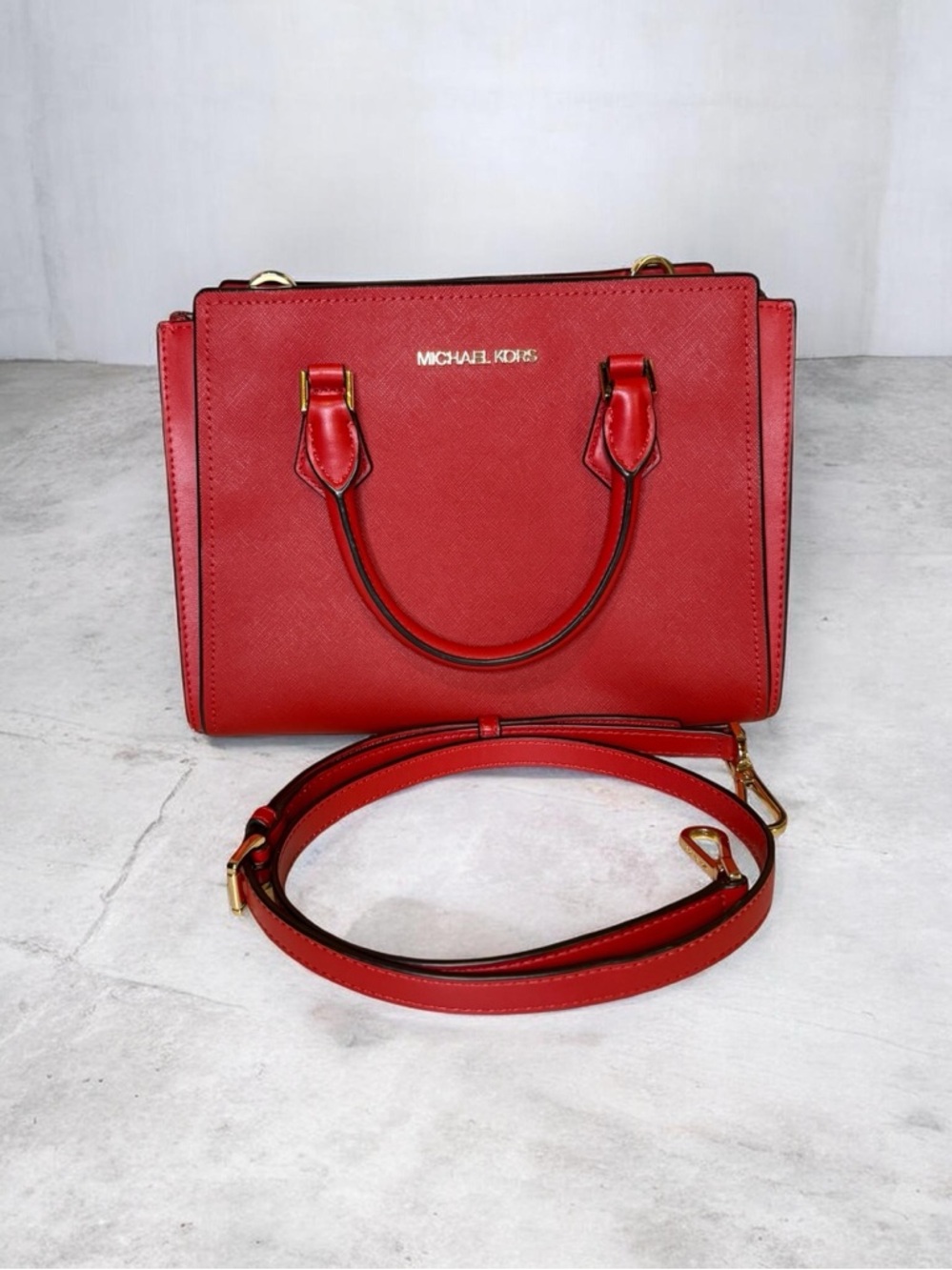 Michael Kors Red Saffiano Mini Satchel with Detachable Strap